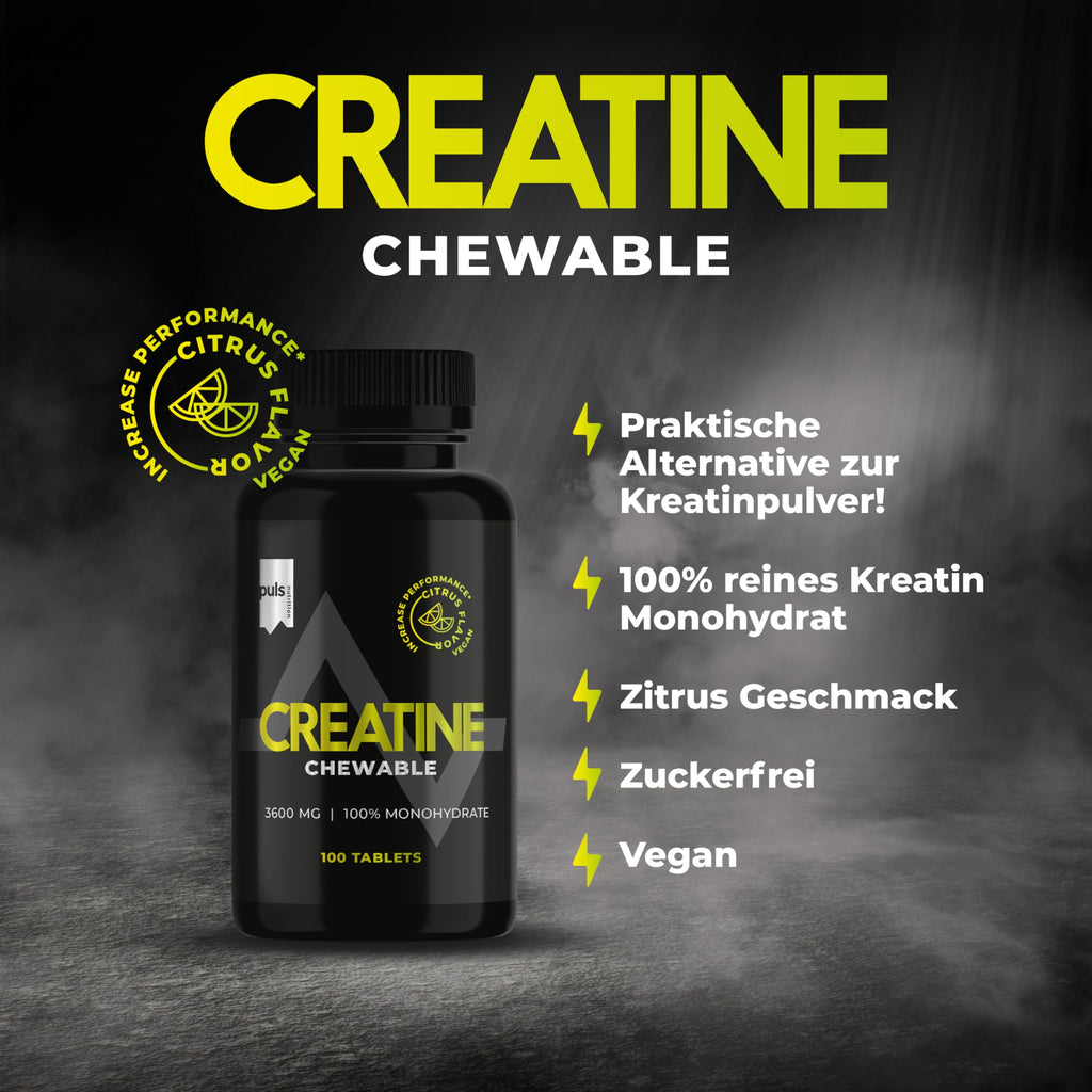 PULS Nutrition Creatine Chewable o smaku cytrusowym, 100 tabletek do żucia – wegańskie, 3 600 mg monohydratu kreatyny na porcję – z Creapure dla optymalnej skuteczności i jakości