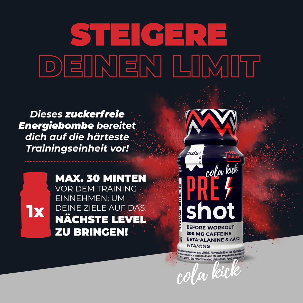 PULS Shot pré-entraînement Cola Kick 12 × 60 ml – Booster contenant 200 mg de caféine, Beta-Alanine, Arginine AKG et vitamines B