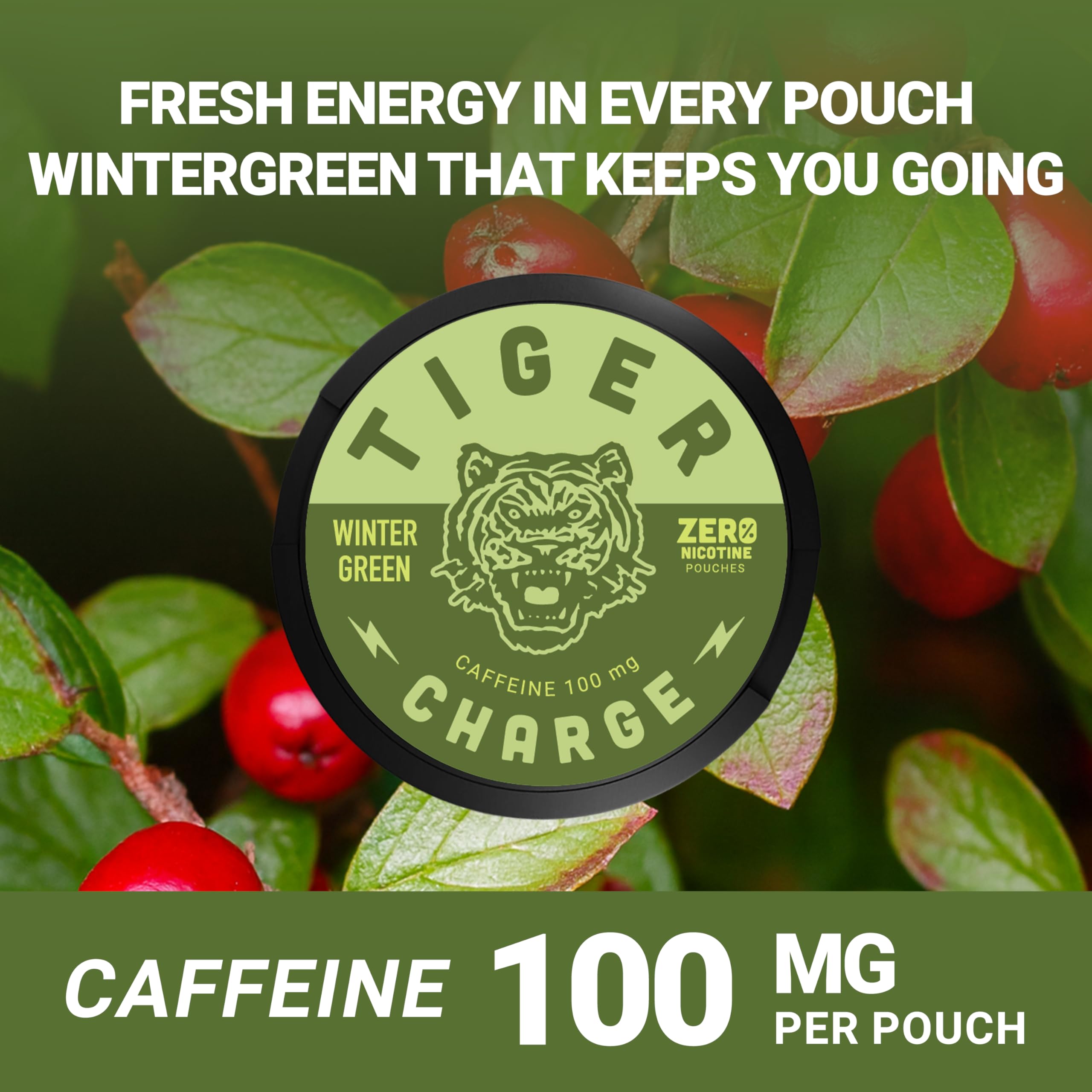 Tiger Charge Wintergreen Caffeine Pouches, 100mg Caffeine per Pouch, Sugar-Free Oral Energy Supplement, Cool Mint Flavor, Portable Energy Boost, 5-Pack