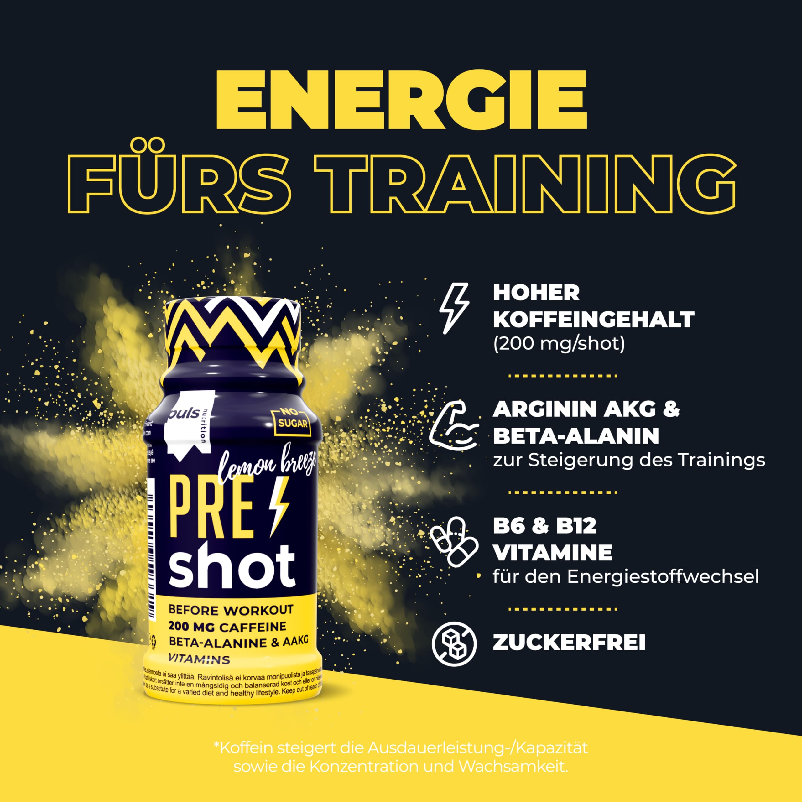PULS Pre Workout Shot Lemon Breeze — 12 × 60 ml | 200mg Caffeine, Beta-Alanine, Arginine AKG & B-Vitamins
