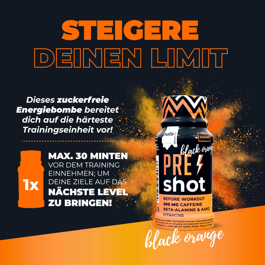 PULS Pre Workout Shot Black Orange — 12 × 60 ml | 200mg Caffeine, Beta-Alanine, Arginine AKG & B-Vitamins