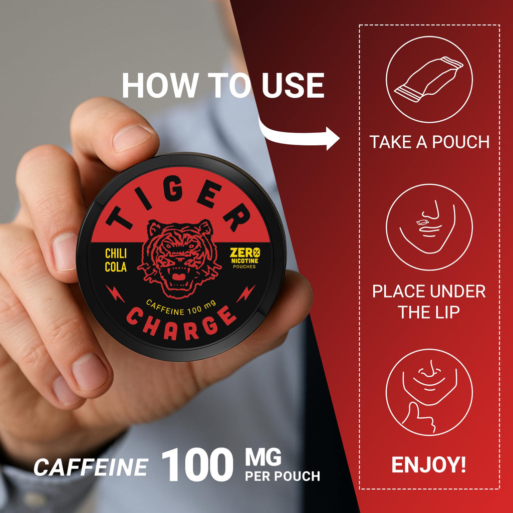 Tiger Charge Chili Cola Caffeine Pouches, 100mg Caffeine per Pouch, Sugar-Free Oral Energy Supplement, Bold Cola with Spicy Kick, Portable Energy Boost, 5-Pack