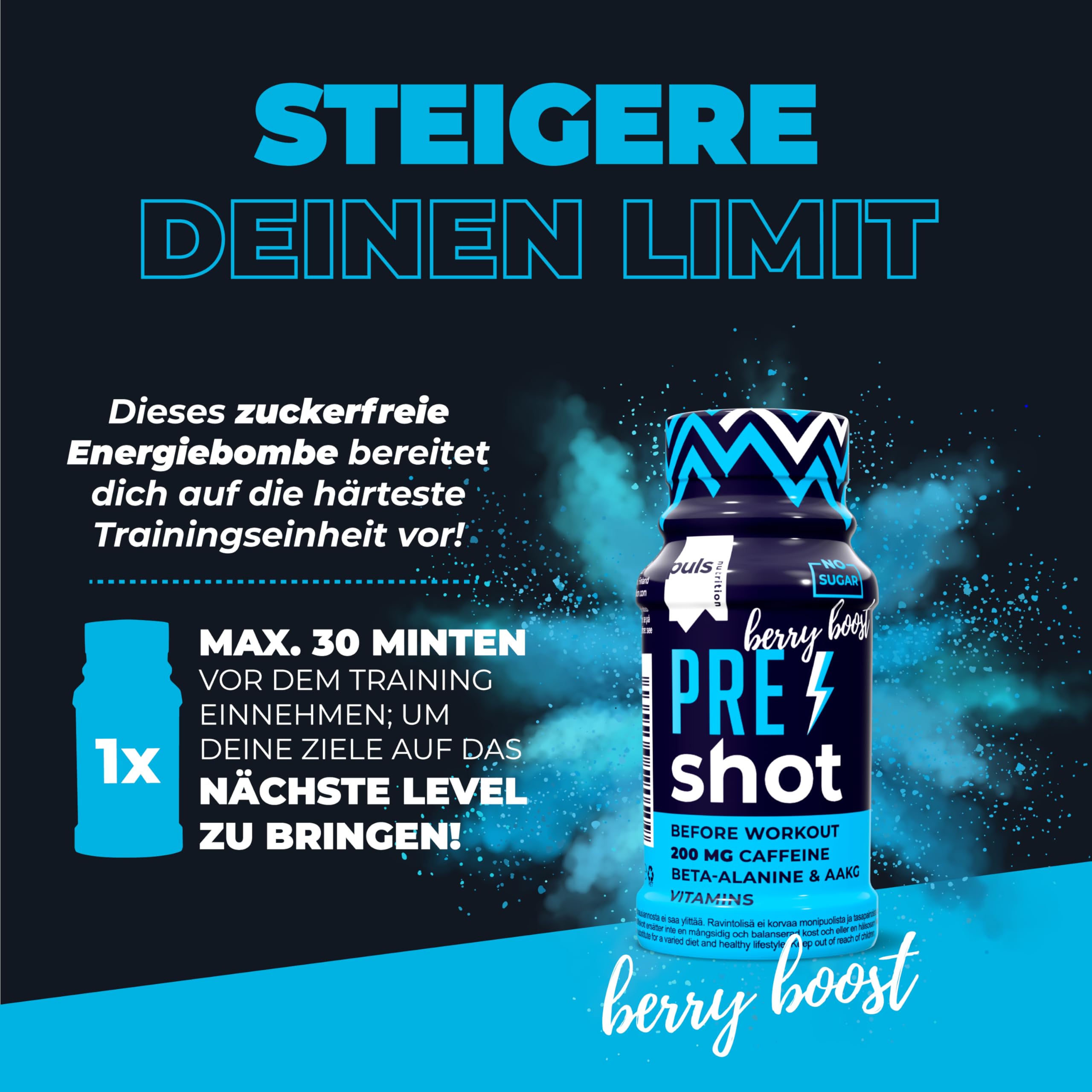 PULS Pre Workout Shot Berry Boost — 12 × 60 ml | 200mg Caffeine, Beta-Alanine, Arginine AKG & B-Vitamins