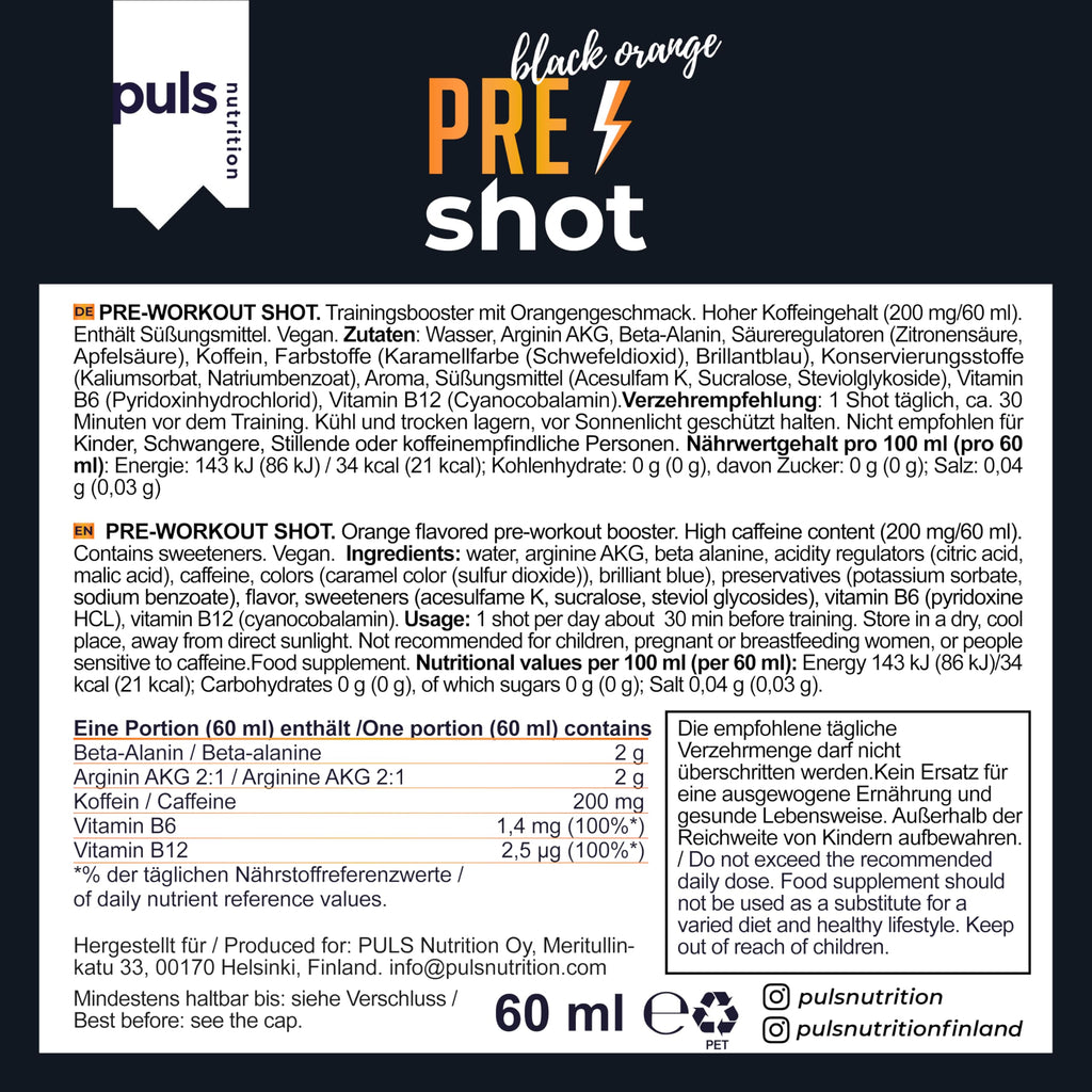 PULS Pre Workout Shot Black Orange — 12 × 60 ml | 200mg Caffeine, Beta-Alanine, Arginine AKG & B-Vitamins