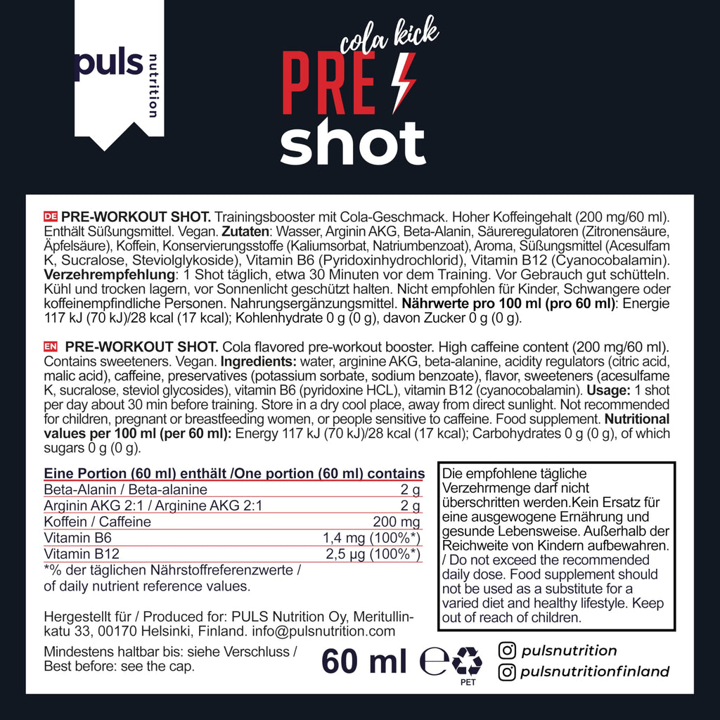PULS Shot pré-entraînement Cola Kick 12 × 60 ml – Booster contenant 200 mg de caféine, Beta-Alanine, Arginine AKG et vitamines B