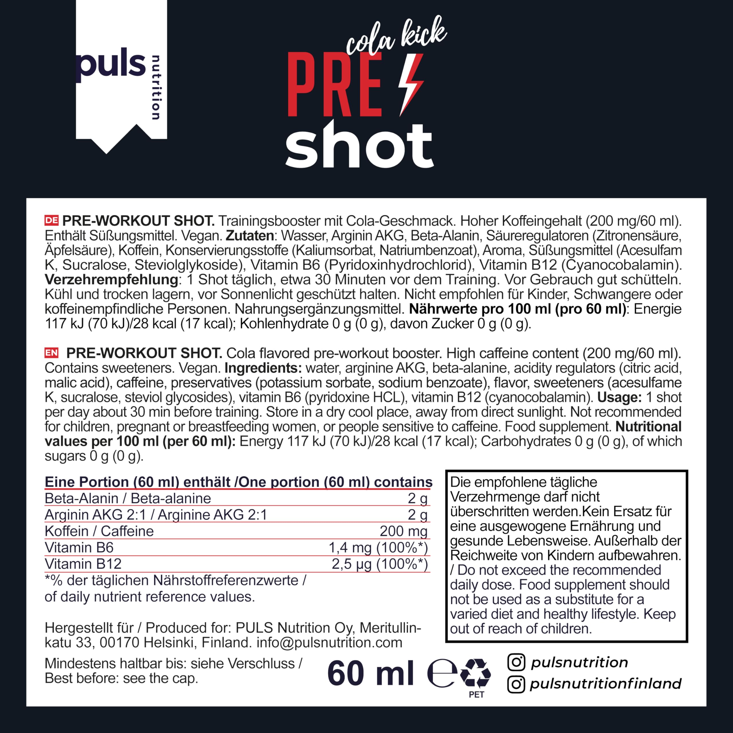 PULS Shot pré-entraînement Cola Kick 12 × 60 ml – Booster contenant 200 mg de caféine, Beta-Alanine, Arginine AKG et vitamines B