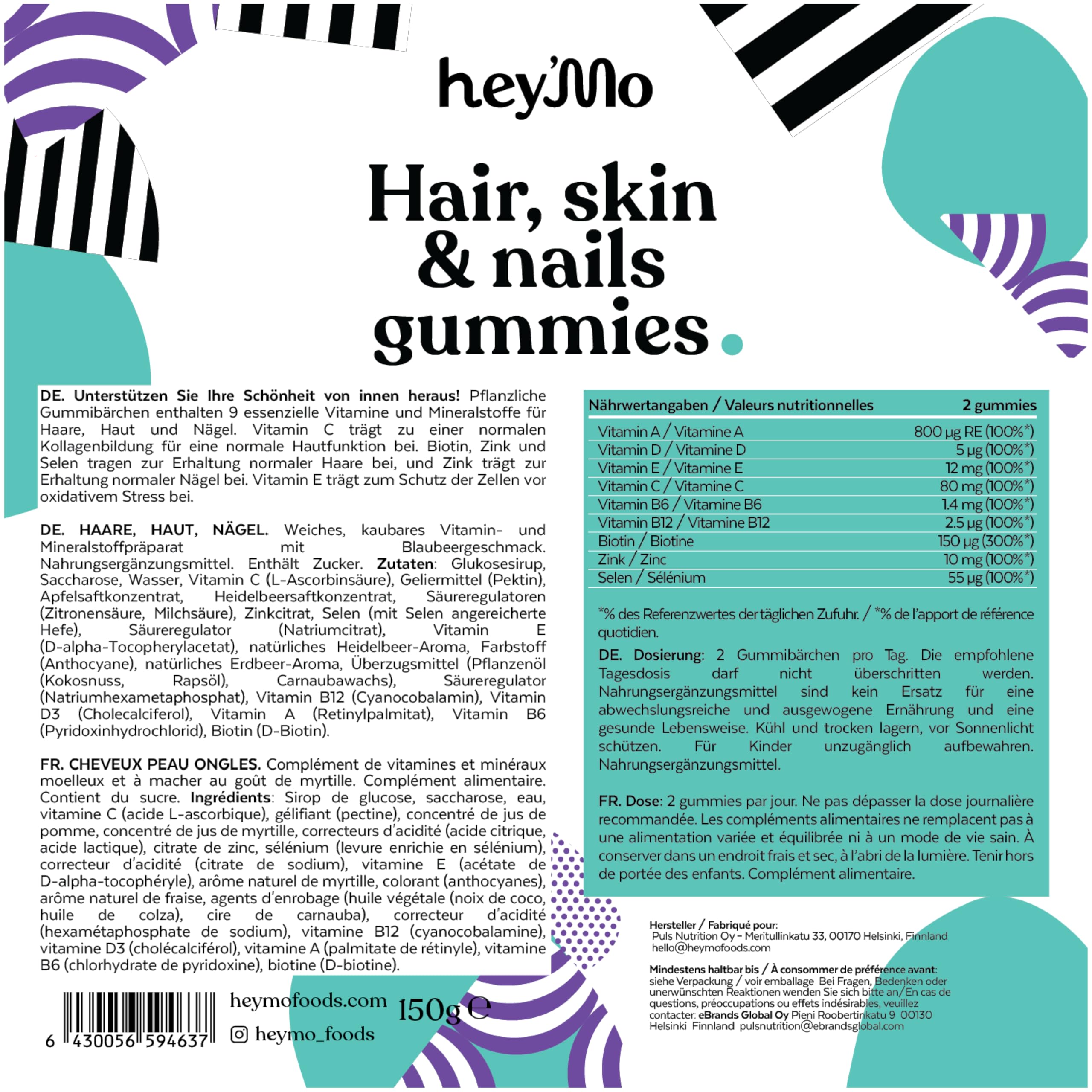 hey'Mo Hair, Skin & Nails Gummies, Blueberry — 60 Pieces | Biotin, Zinc, Vitamin C