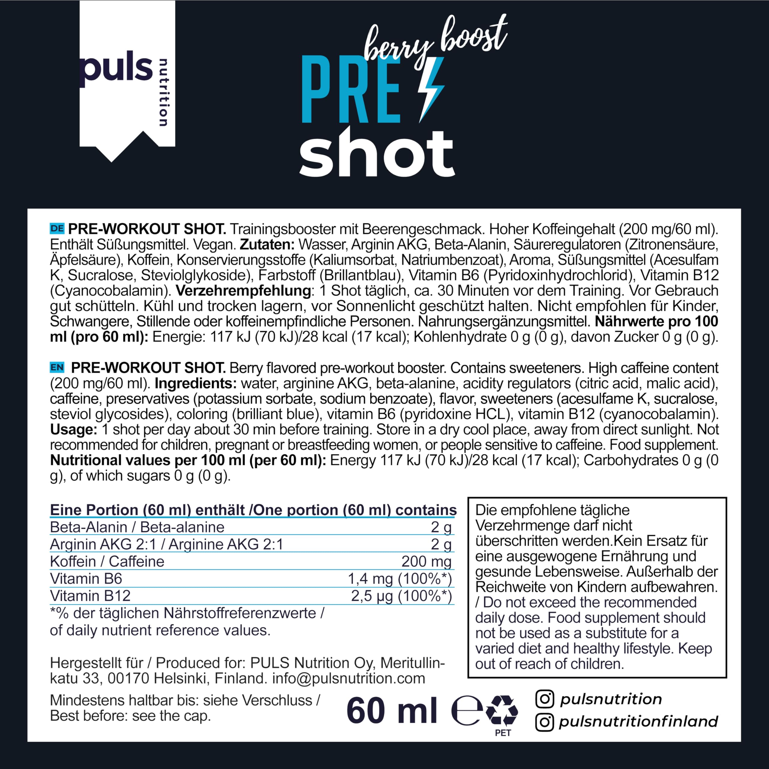 PULS Pre Workout Shot Berry Boost — 12 × 60 ml | 200mg Caffeine, Beta-Alanine, Arginine AKG & B-Vitamins