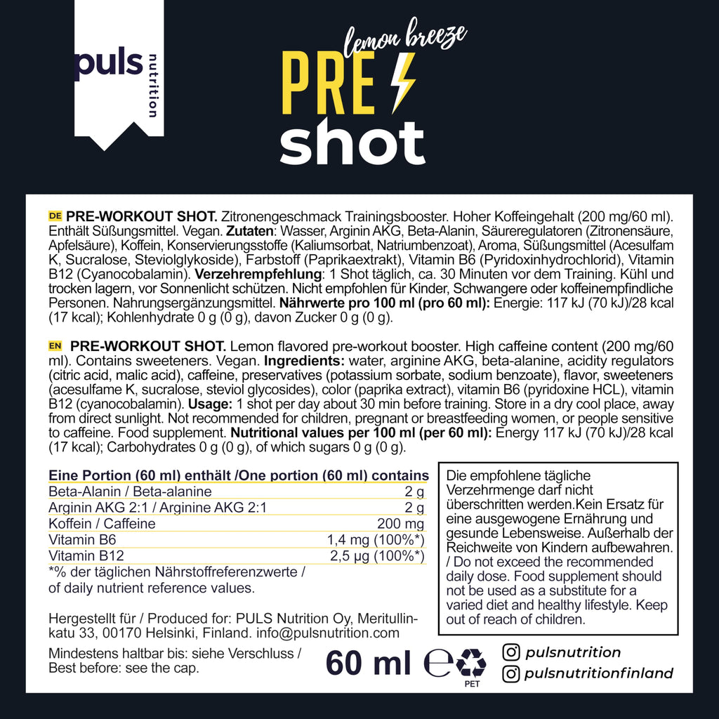 PULS Pre Workout Shot Lemon Breeze — 12 × 60 ml | 200mg Caffeine, Beta-Alanine, Arginine AKG & B-Vitamins