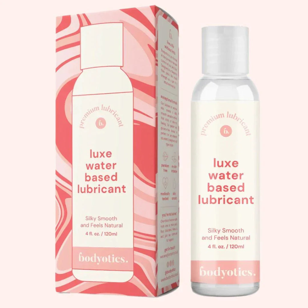 Bodyotics luxe water based lubricant 4oz bottle and packaging with silky smooth natural feel