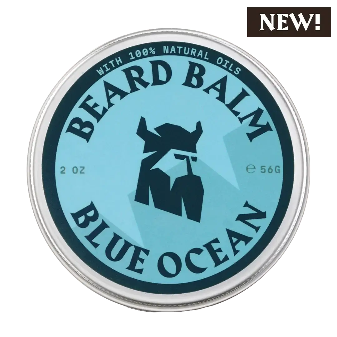 Blue Ocean Beard Balm tin with 100% natural oils, 2-ounce, moisturizing and shaping balm for a healthy beard.
