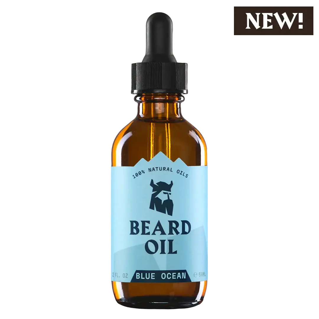 Beard Oil Blue Ocean in amber dropper bottle with natural organic ingredients and refreshing sea breeze scent