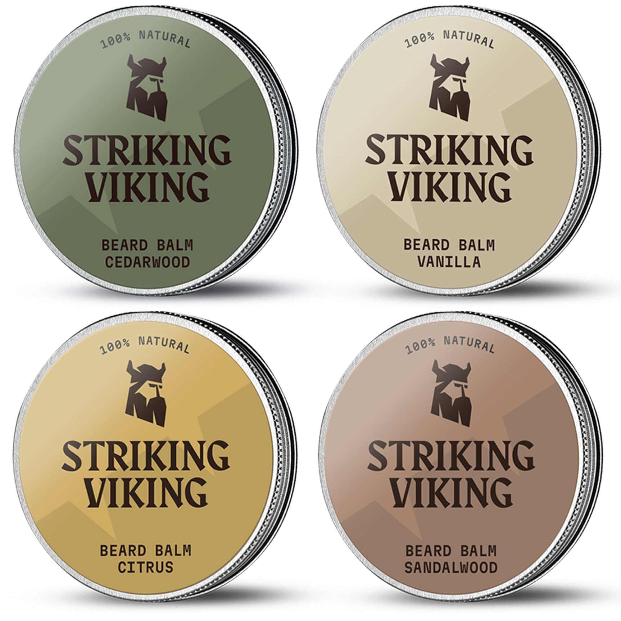 Striking Viking Beard Balm Variety 4 Pack Set with Cedarwood, Vanilla, Citrus, Sandalwood scents.