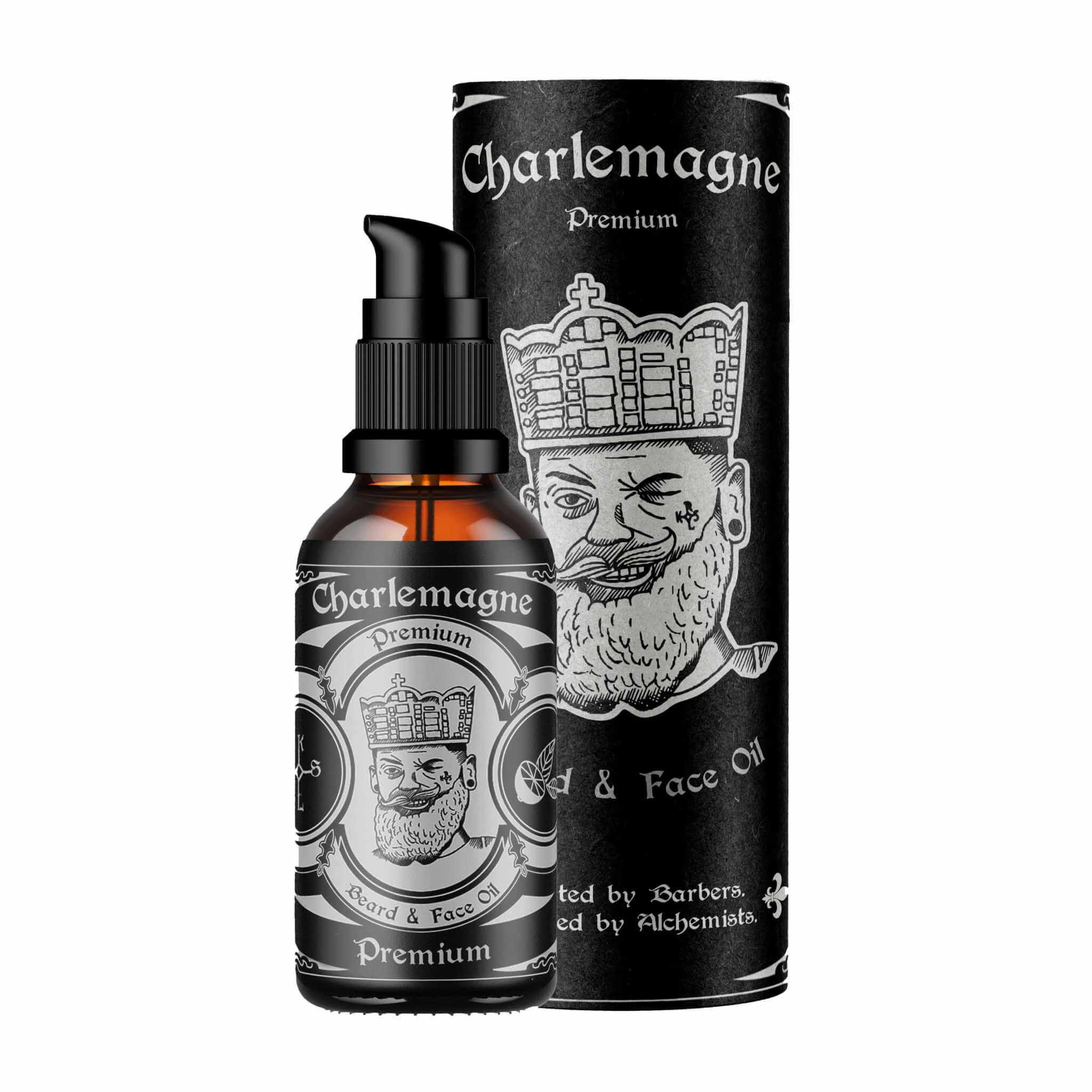 Charlemagne premium beard oil bottle with packaging, Leather scent, Germany made, vegan formula.