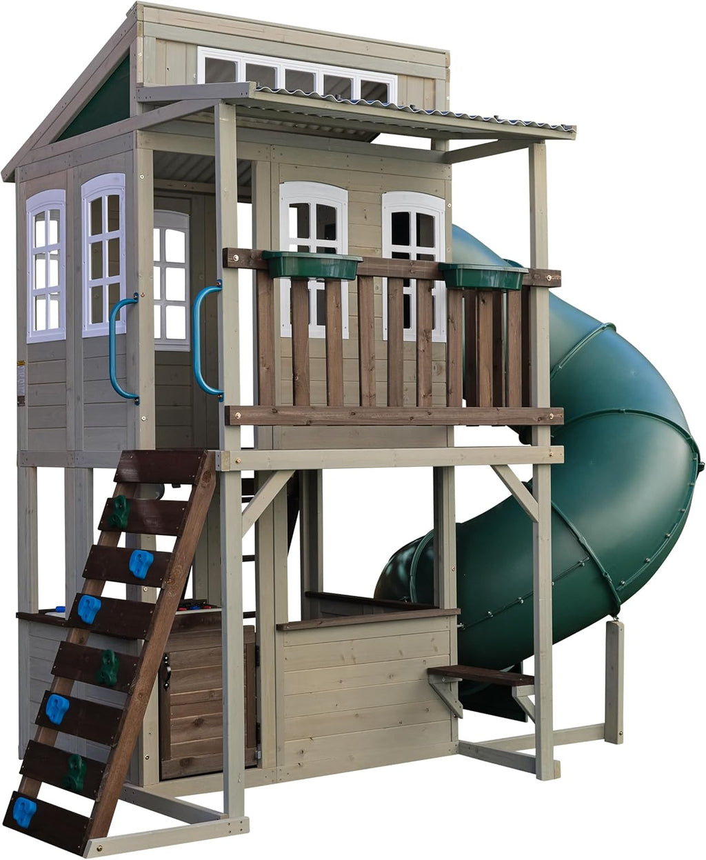 KidKraft Cozy Escape F29045, Two-Level Wooden Garden Playhouse (FSC) with Slide, Children's Kitchen and Rock Wall, Gray
