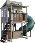 KidKraft Cozy Escape F29045, Two-Level Wooden Garden Playhouse (FSC) with Slide, Children's Kitchen and Rock Wall, Gray