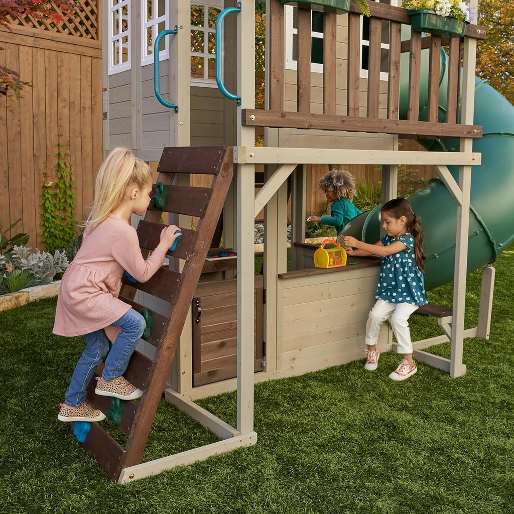 KidKraft Cozy Escape F29045, Two-Level Wooden Garden Playhouse (FSC) with Slide, Children's Kitchen and Rock Wall, Gray