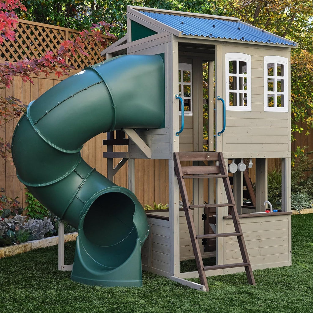 KidKraft Cozy Escape F29045, Two-Level Wooden Garden Playhouse (FSC) with Slide, Children's Kitchen and Rock Wall, Gray