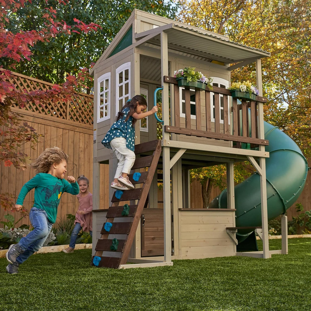 KidKraft Cozy Escape F29045, Two-Level Wooden Garden Playhouse (FSC) with Slide, Children's Kitchen and Rock Wall, Gray