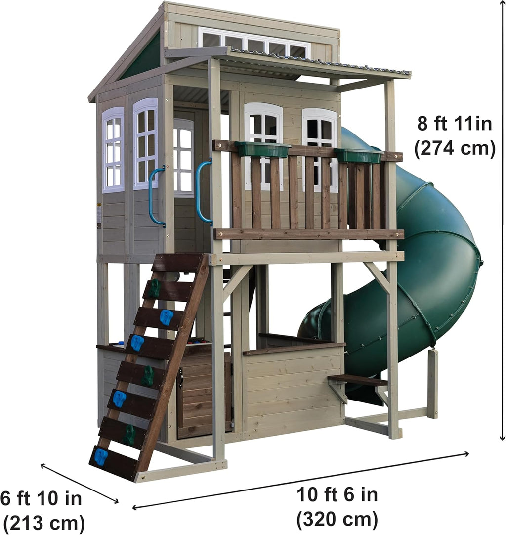 KidKraft Cozy Escape F29045, Two-Level Wooden Garden Playhouse (FSC) with Slide, Children's Kitchen and Rock Wall, Gray