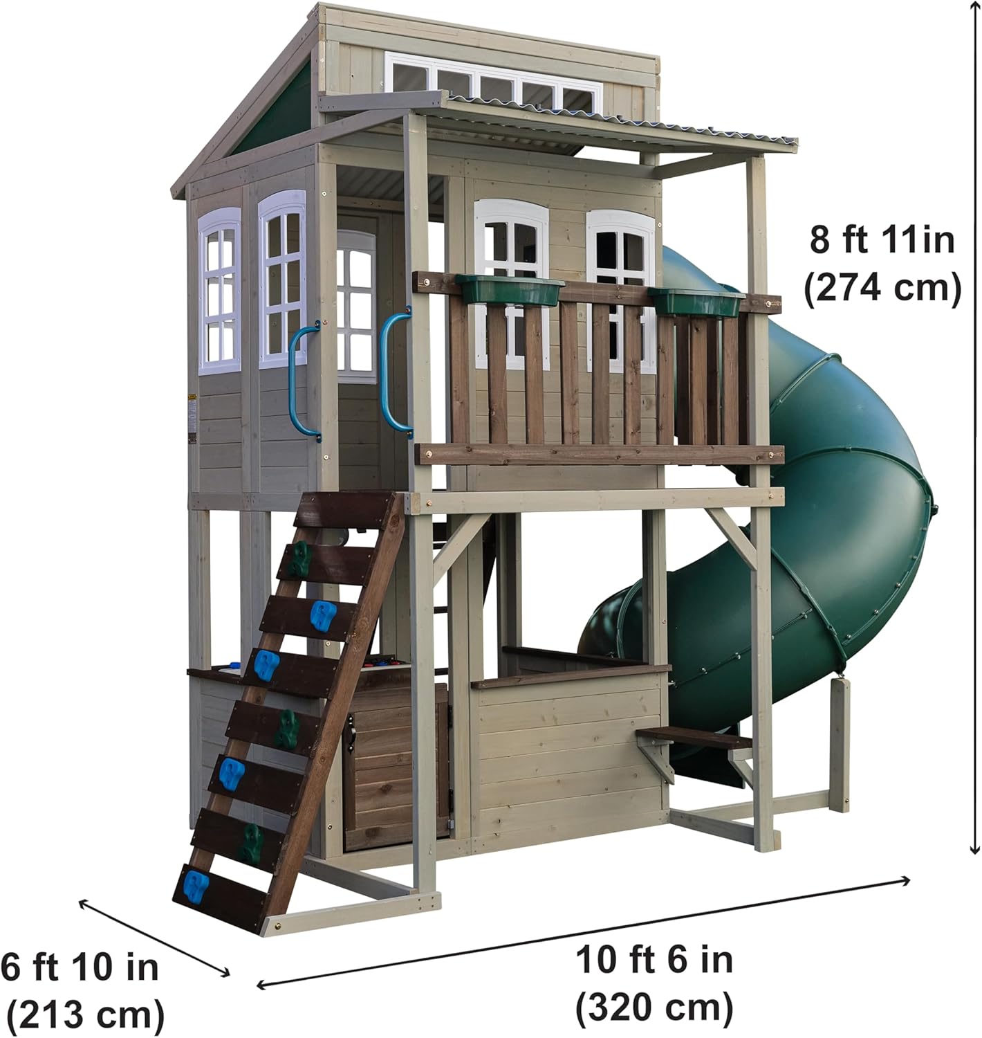KidKraft Cozy Escape F29045, Two-Level Wooden Garden Playhouse (FSC) with Slide, Children's Kitchen and Rock Wall, Gray