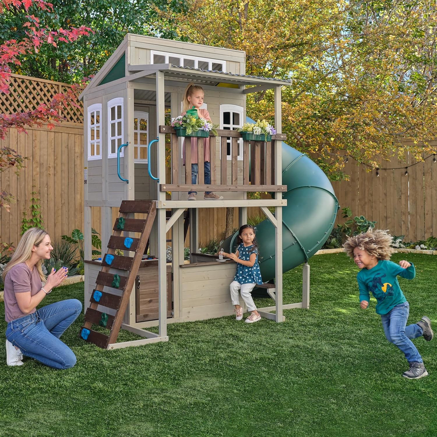 KidKraft Cozy Escape F29045, Two-Level Wooden Garden Playhouse (FSC) with Slide, Children's Kitchen and Rock Wall, Gray