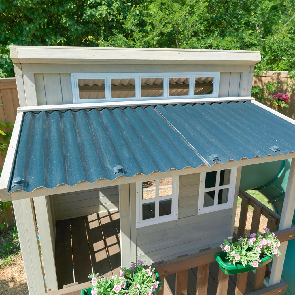 KidKraft Cozy Escape F29045, Two-Level Wooden Garden Playhouse (FSC) with Slide, Children's Kitchen and Rock Wall, Gray