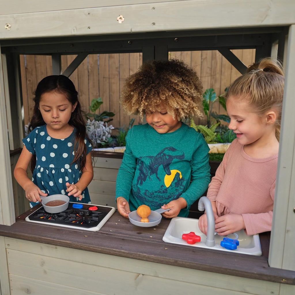 KidKraft Cozy Escape F29045, Two-Level Wooden Garden Playhouse (FSC) with Slide, Children's Kitchen and Rock Wall, Gray