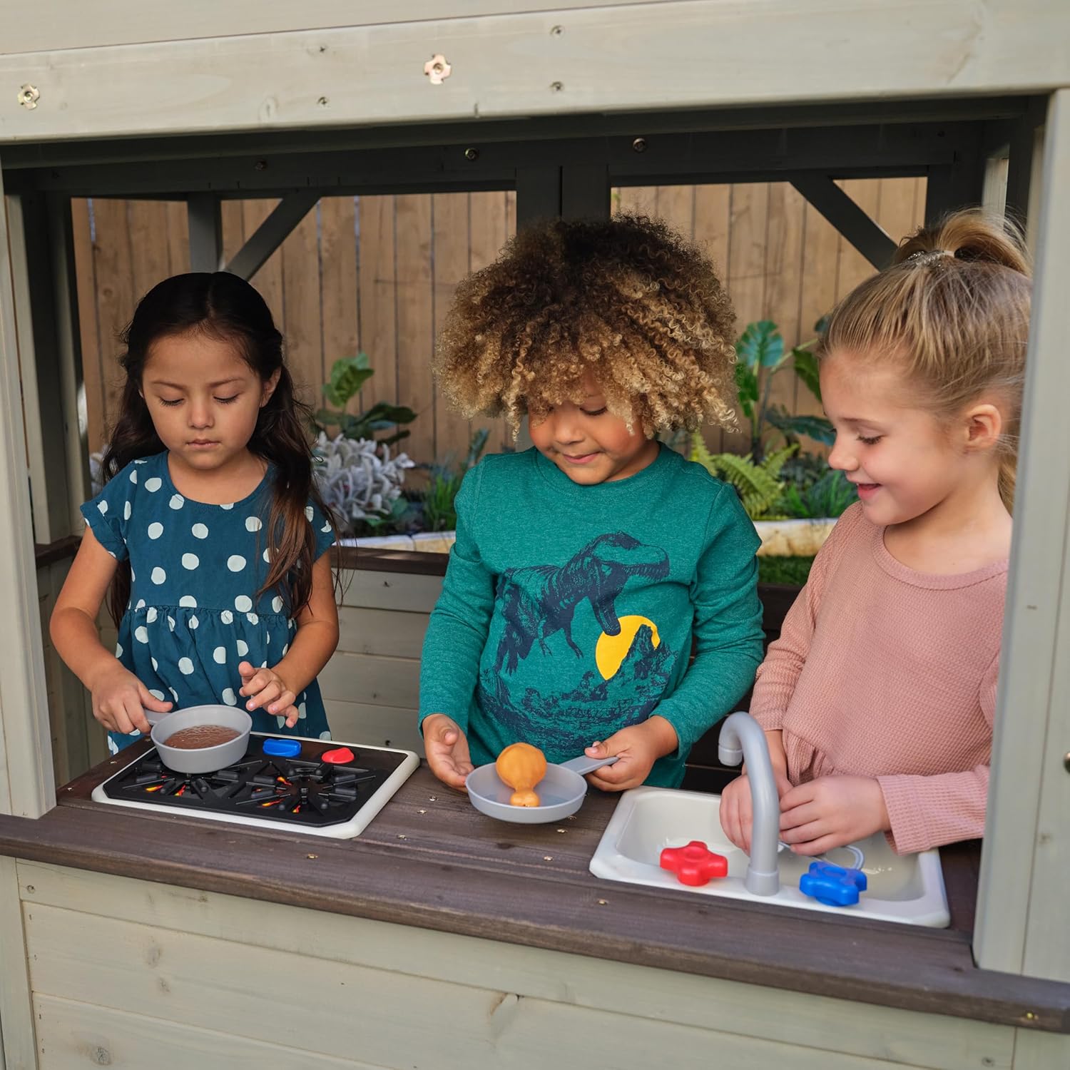 KidKraft Cozy Escape F29045, Two-Level Wooden Garden Playhouse (FSC) with Slide, Children's Kitchen and Rock Wall, Gray