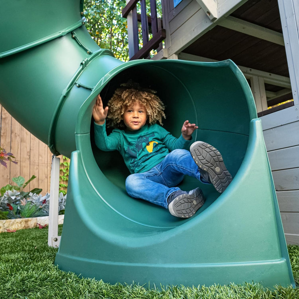 KidKraft Cozy Escape F29045, Two-Level Wooden Garden Playhouse (FSC) with Slide, Children's Kitchen and Rock Wall, Gray