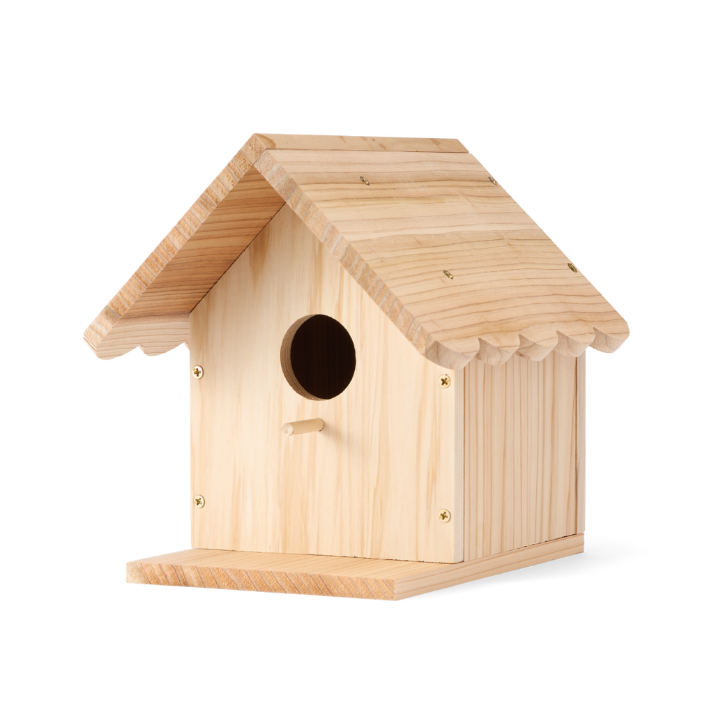 WildYard X Angry Birds™ DIY Birdhouse unpainted natural cedar kit — pre-assembled view showing slanted roof, circular entry hole and perch