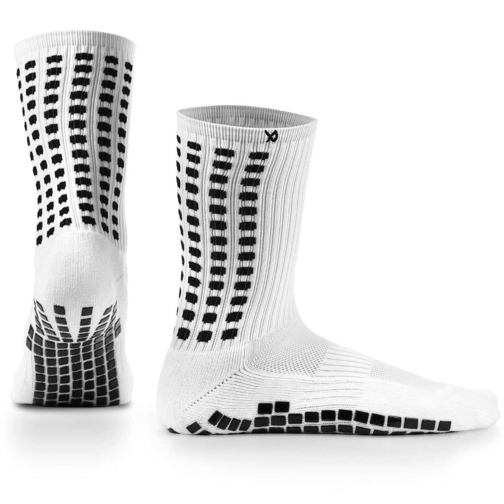 White socks with black textured patterns on a white background