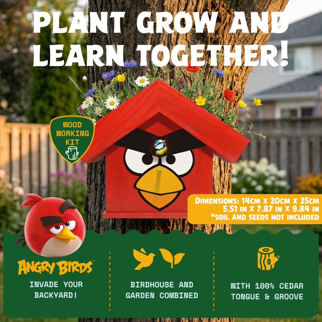 WildYard X Angry Birds™ Flowerpot Birdhouse mounted on a tree in a backyard — dimensions 14x20x25cm