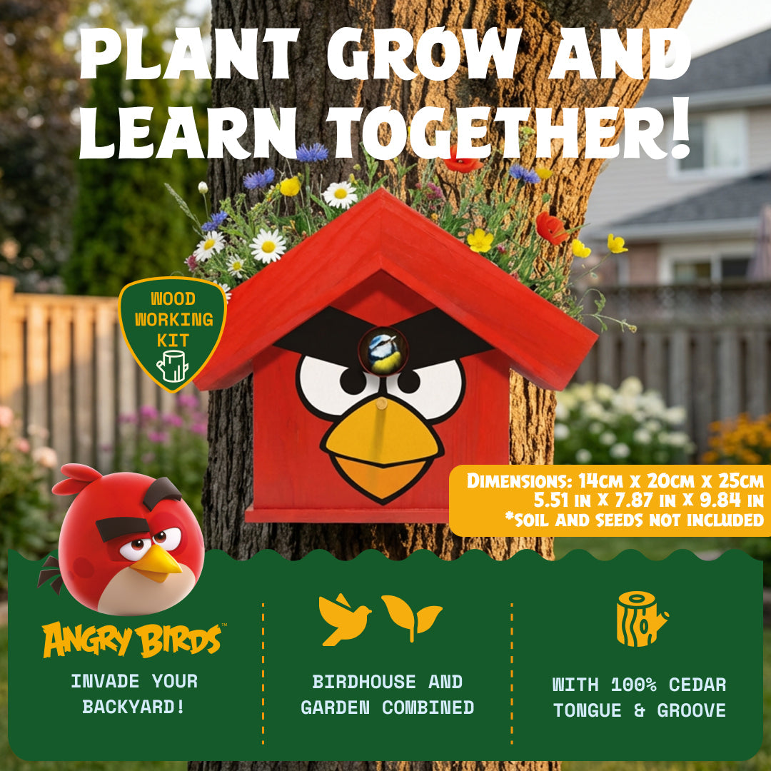 WildYard X Angry Birds™ Flowerpot Birdhouse mounted on a tree in a backyard — dimensions 14x20x25cm