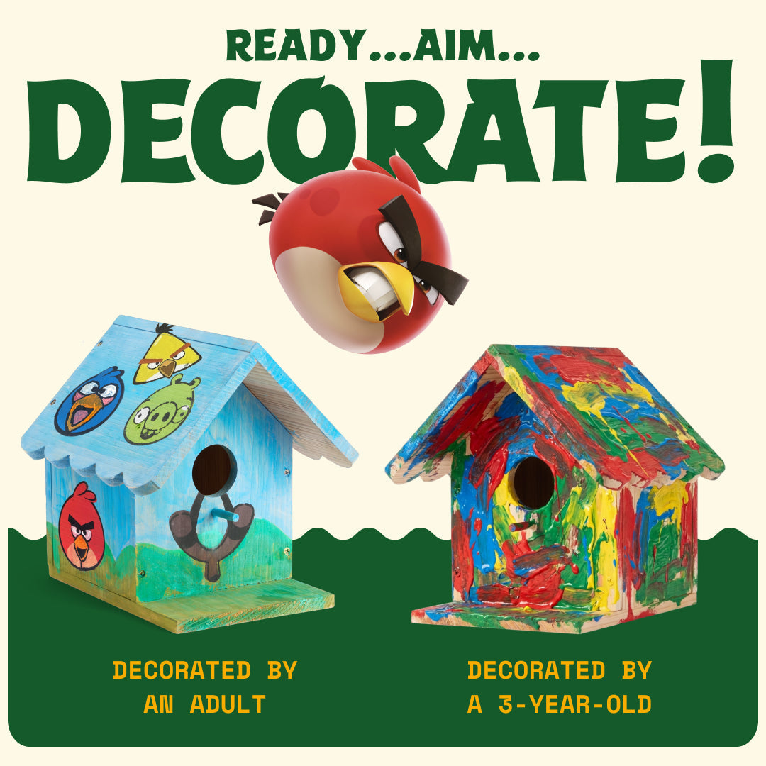 Two painted WildYard X Angry Birds™ DIY Birdhouses side by side