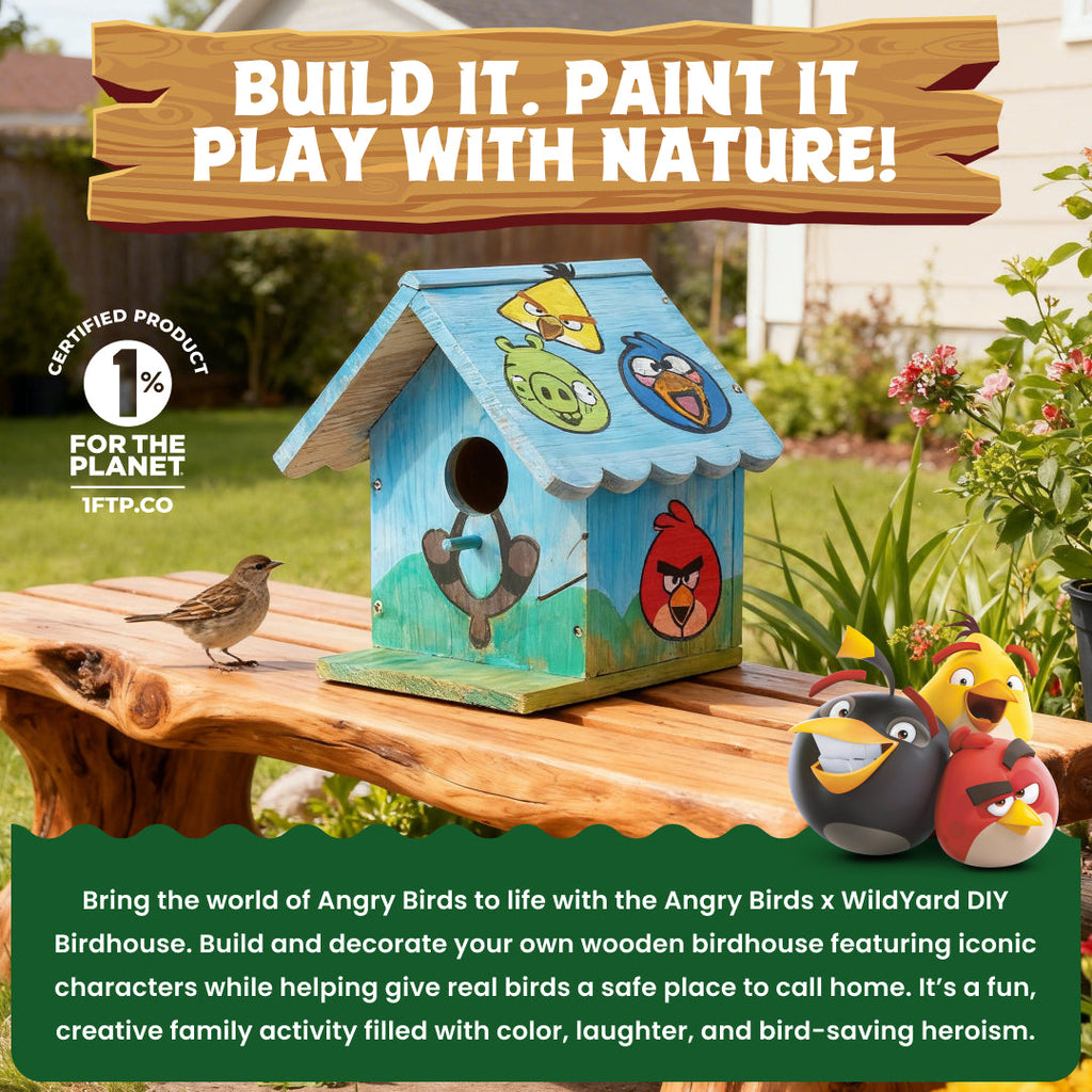WildYard X Angry Birds™ painted DIY Birdhouse mounted in a real garden