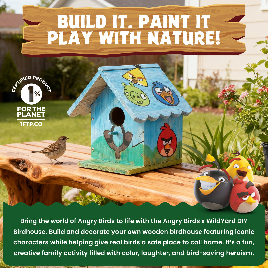 WildYard X Angry Birds™ painted DIY Birdhouse mounted in a real garden