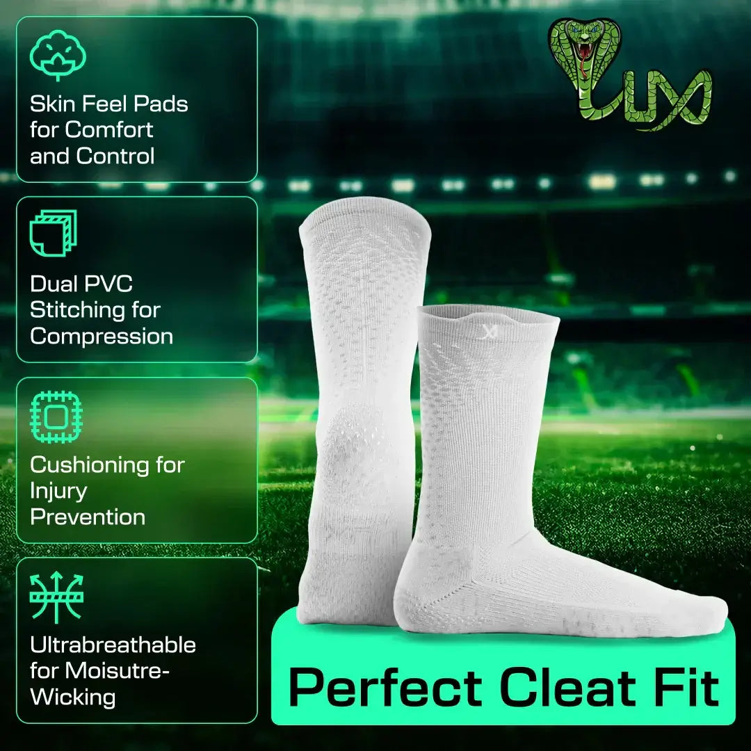 LUX ProCleat Performance Grip-strumpor – vadlängd – vita – vuxenstorlek (EU 39–46 / US 6–11.5) – halkfria strumpor för fotboll, baseboll och träning