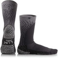 Pair of black and gray socks with unique patterns on a white background