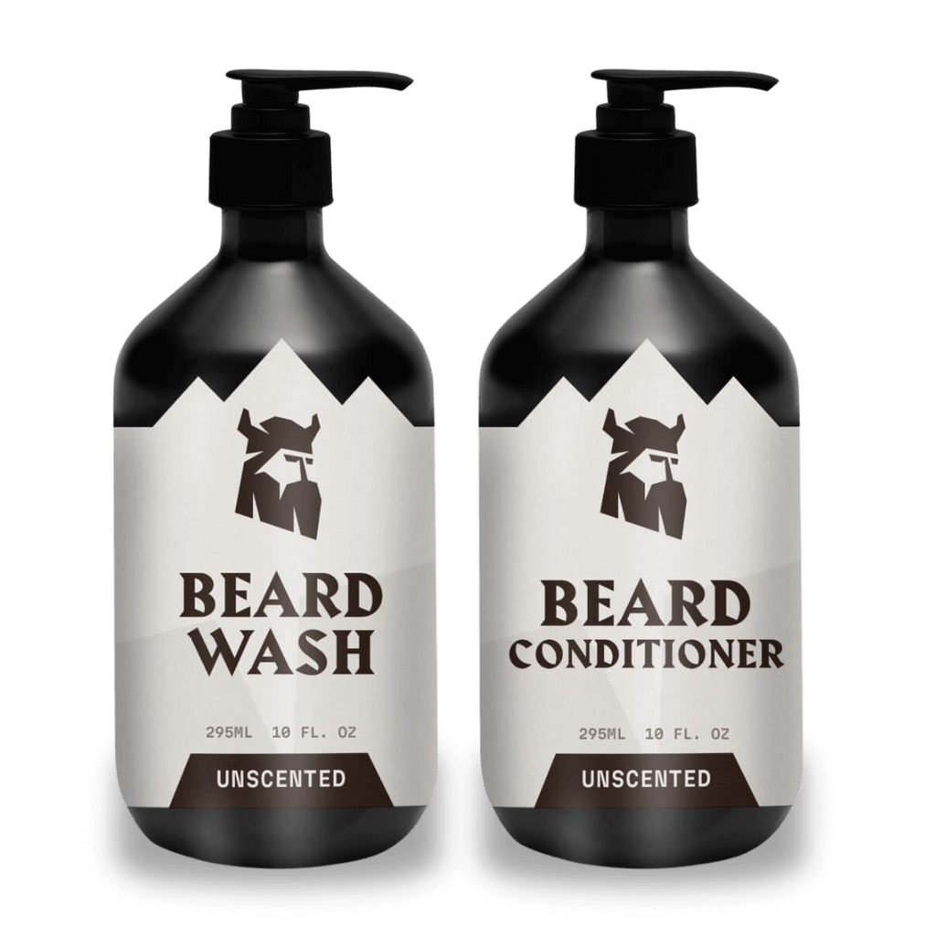 Set of unscented beard shampoo and conditioner bottles for beard growth and hydration