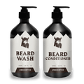 Set of unscented beard shampoo and conditioner bottles for beard growth and hydration