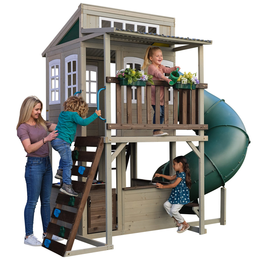 KidKraft Wooden Playhouse with Tube Slide – 2 Storey Outdoor Playground for Kids, Climbing Frame with Turbo Tube Slide & Rock Wall, Garden Play Tower