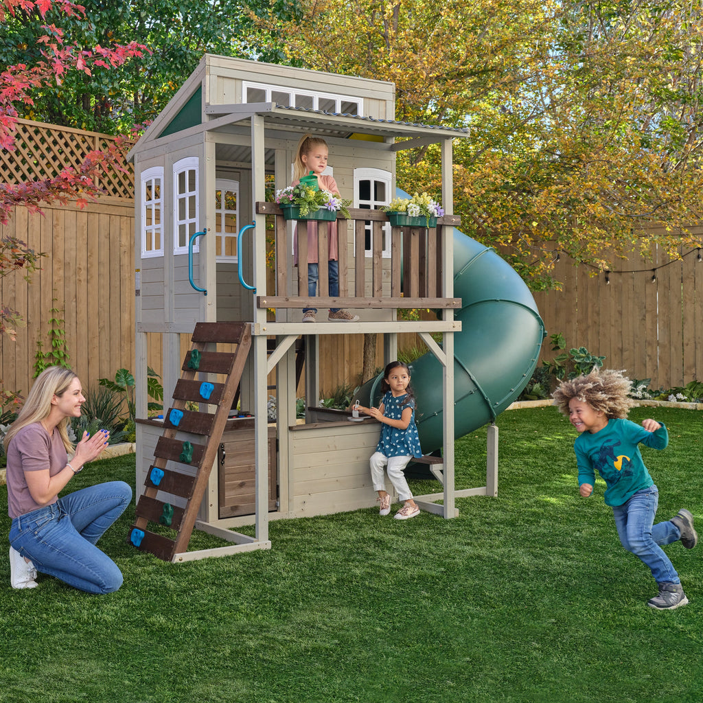 KidKraft Wooden Playhouse with Tube Slide – 2 Storey Outdoor Playground for Kids, Climbing Frame with Turbo Tube Slide & Rock Wall, Garden Play Tower