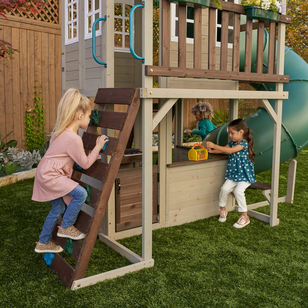 KidKraft Wooden Playhouse with Tube Slide – 2 Storey Outdoor Playground for Kids, Climbing Frame with Turbo Tube Slide & Rock Wall, Garden Play Tower