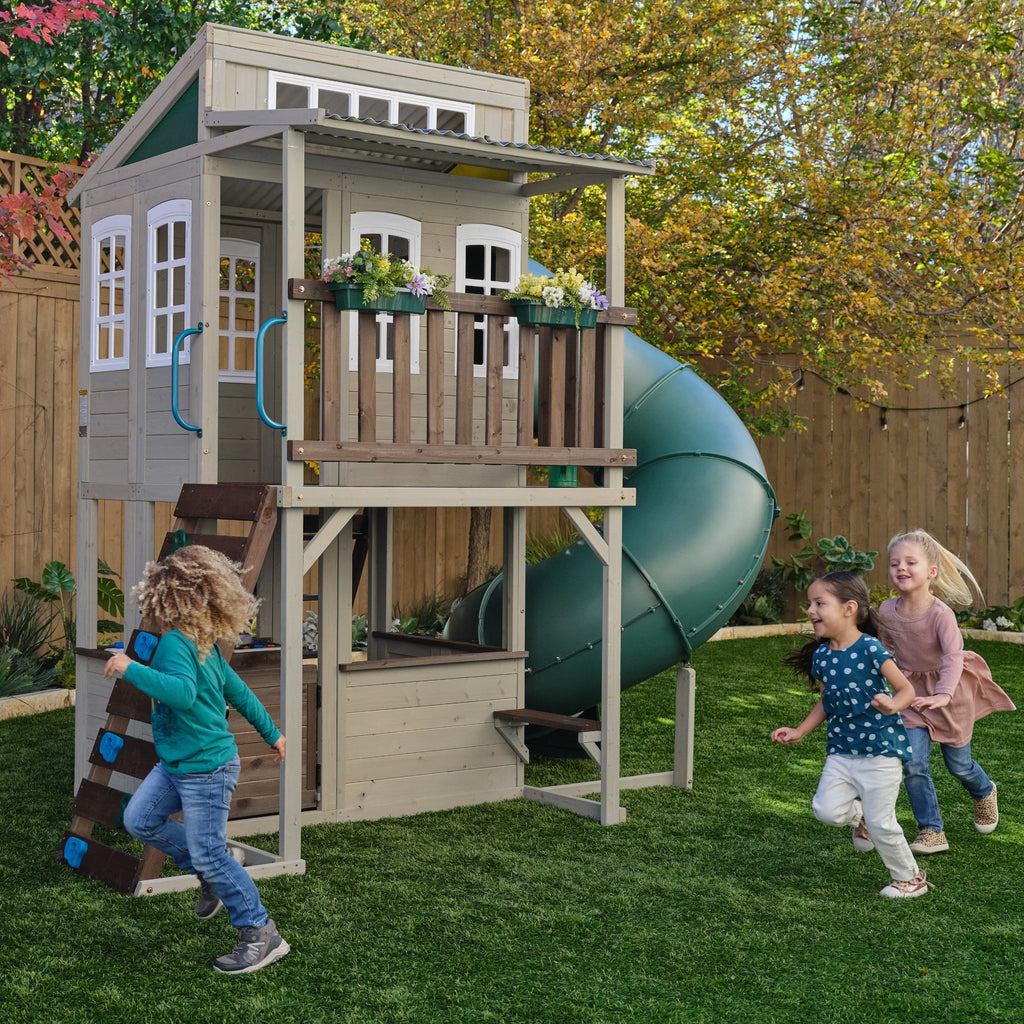 KidKraft Wooden Playhouse with Tube Slide – 2 Storey Outdoor Playground for Kids, Climbing Frame with Turbo Tube Slide & Rock Wall, Garden Play Tower