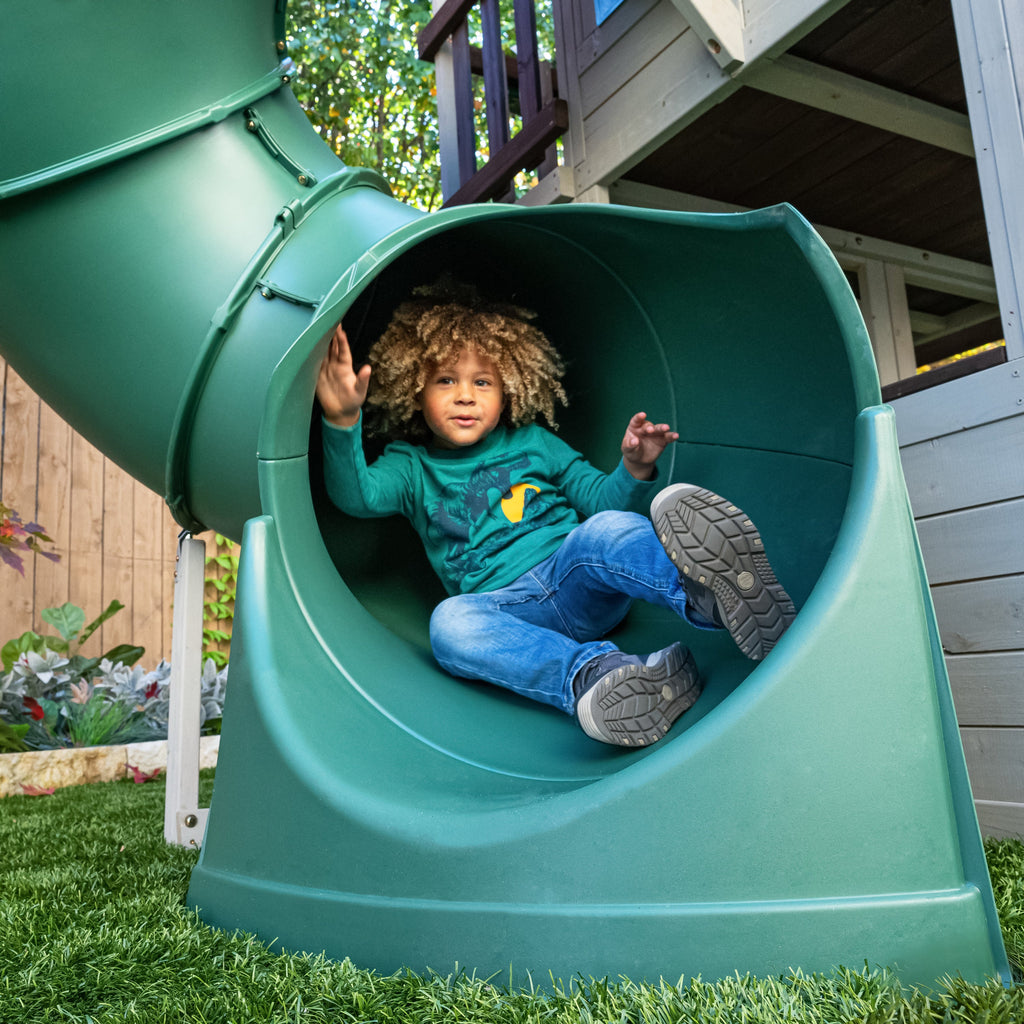 KidKraft Wooden Playhouse with Tube Slide – 2 Storey Outdoor Playground for Kids, Climbing Frame with Turbo Tube Slide & Rock Wall, Garden Play Tower