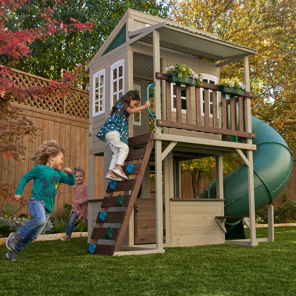 KidKraft Wooden Playhouse with Tube Slide – 2 Storey Outdoor Playground for Kids, Climbing Frame with Turbo Tube Slide & Rock Wall, Garden Play Tower