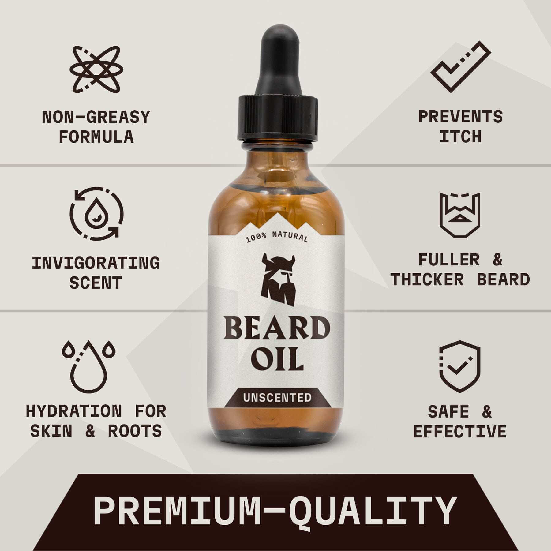 Unscented beard oil with bottle dropper, promoting premium-quality grooming with features like non-greasy formula, itch prevention, hydration, and effectiveness.