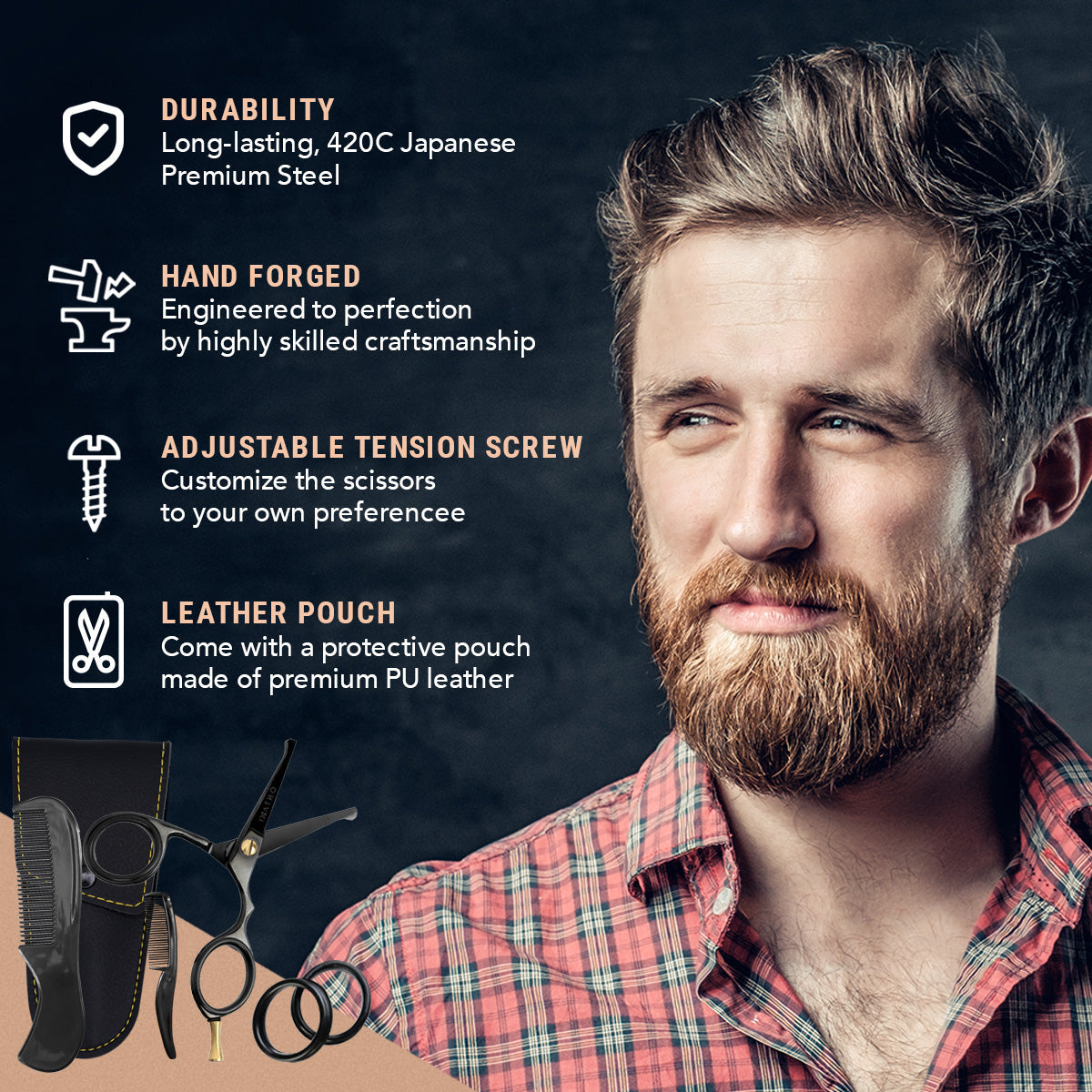 ONTAKI Japanese Steel Rounded-Tip Beard & Mustache Scissors (4.2") Black