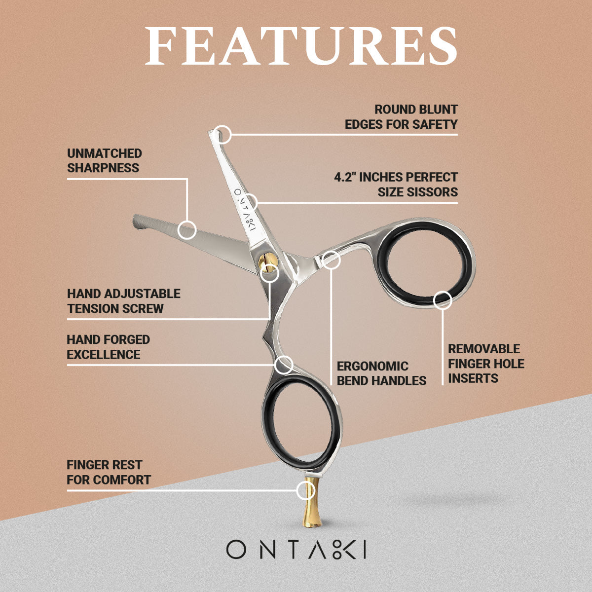 ONTAKI Japanese Steel Rounded-Tip Beard & Mustache Scissors (4.2") Silver
